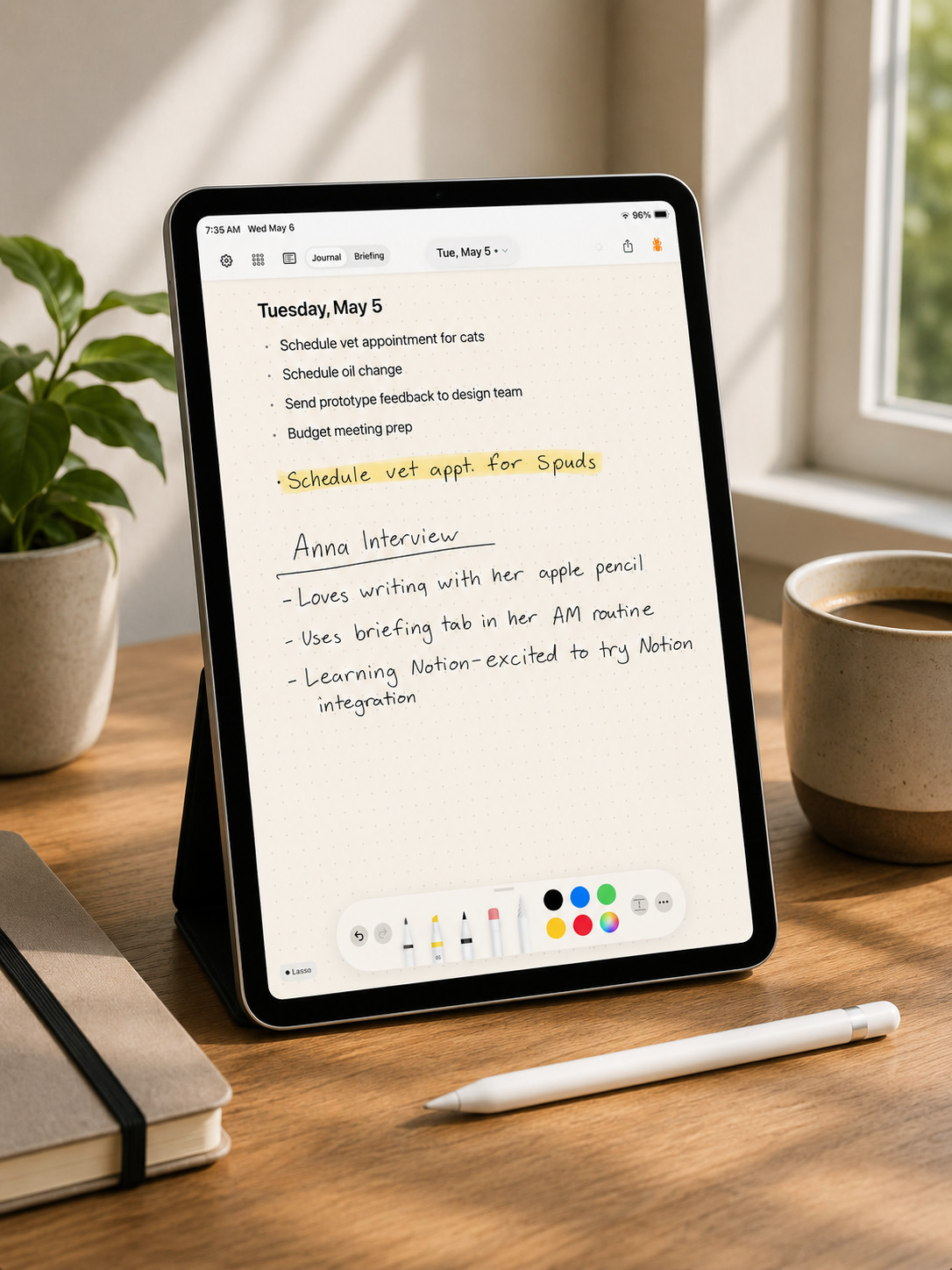 iPad Pro showing Penlog with handwritten journal entries, typed tasks, and yellow marker highlights