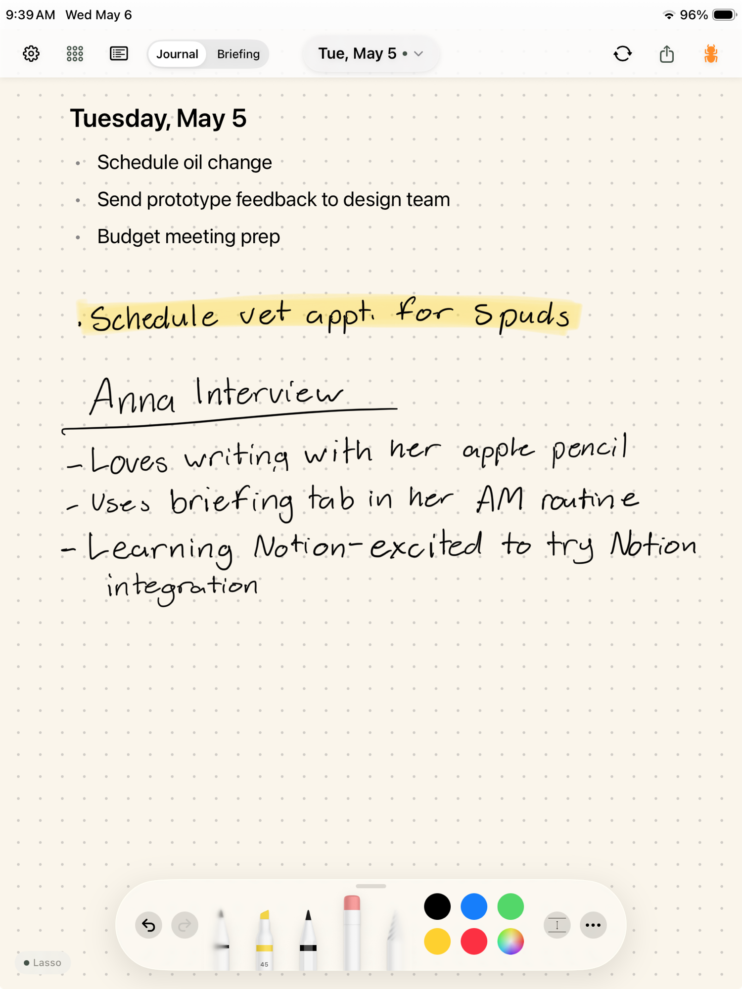 Penlog journal page on iPad: handwritten tasks, a highlighted priority, and notes from an interview
