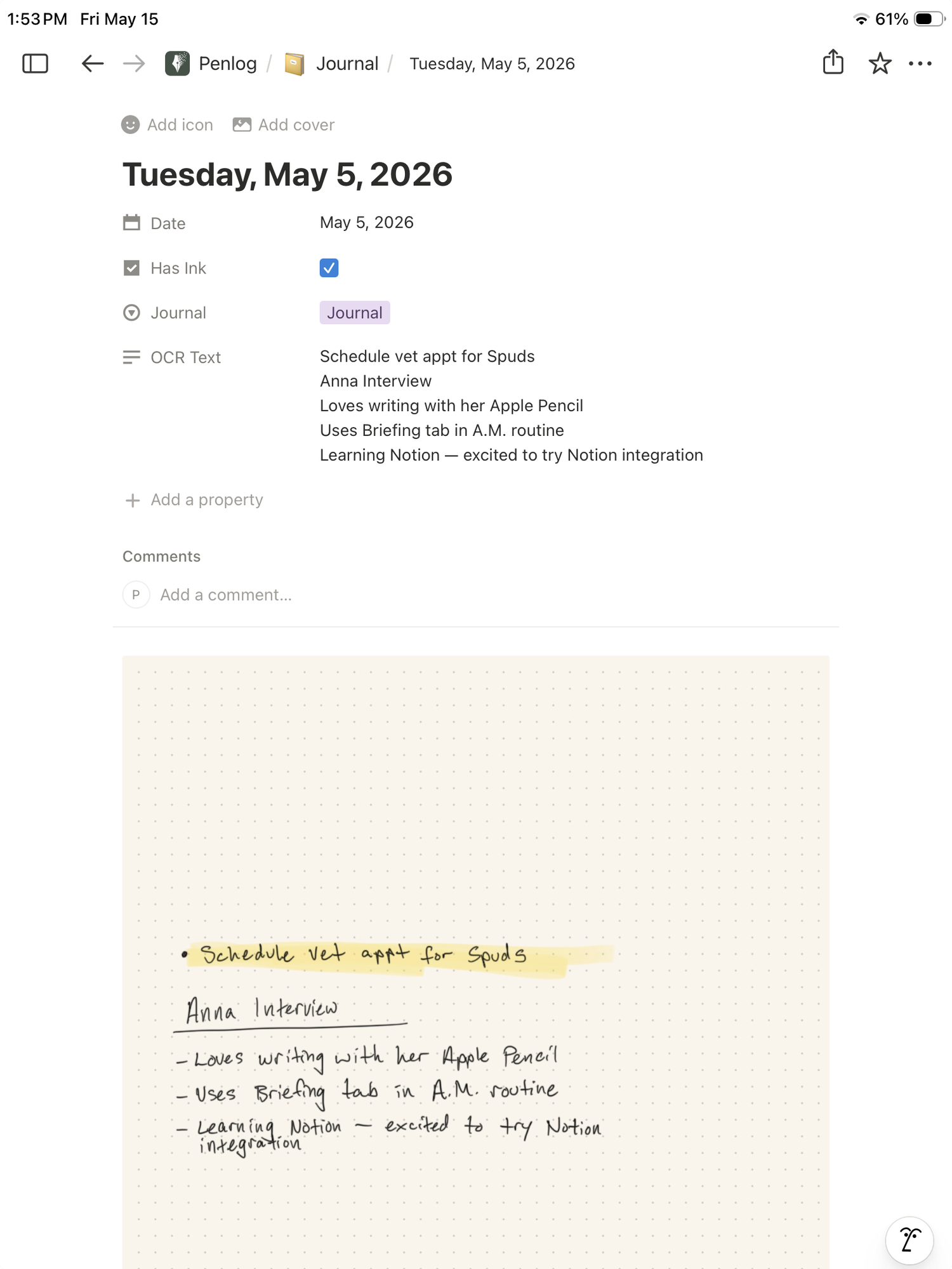 Notion journal entry for Tuesday, May 5, 2026 — date, has-ink flag, content, and the original page preview