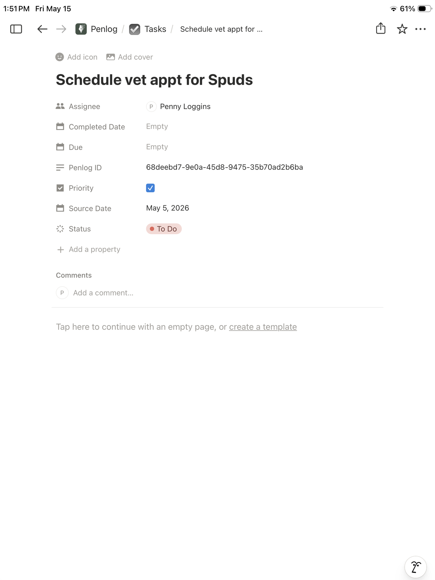 Notion task row for 'Schedule vet appt for Spuds' — assignee, due date, Penlog ID, priority, status